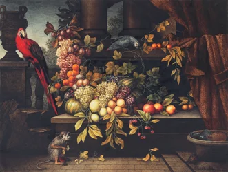 A still life with fruit, wine cooler, monkey, parrots and a turtle in a portico